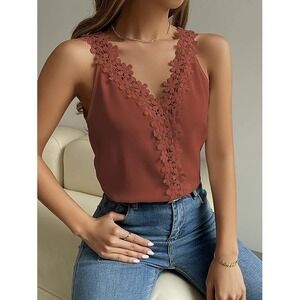 Cozyease Women's Elegant Floral Lace Trim V Neck Redwood  Sleeveless Blouses L